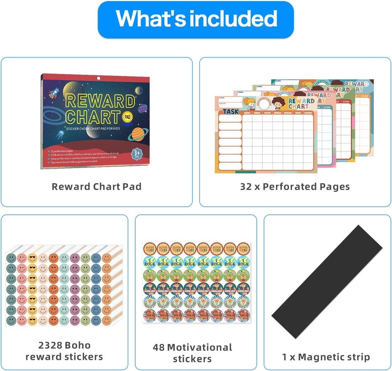 ANSTROUT Boho 32 Chore Charts Behavior Reward Chart System,Sticker Chore Chart Pad for Kids with 2328 Stickers, 12.2" x 9.8" Magnetic Reward Chart to Develop Responsibility & Good Habits. - Image 4